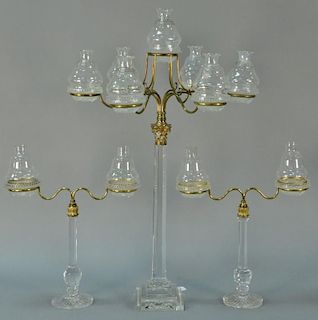 French crystal candelabra three piece set to include large candelabra having six arms supporting crystal wells and glass shad