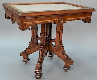 Victorian walnut and burl walnut table with inset marble top having inlaid top and edge. ht. 30in., top: 23" x 33" Provenance
