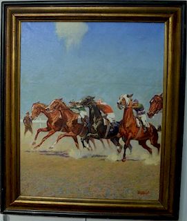 Paul Strayer (1885-1981), oil on canvas, Horse Race to the Finish Line, signed lower right: Paul Strayer, 25" x 20"