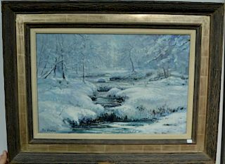 Peter Ellenshaw (1913-2007), oil on canvas, Winter Snow Landscape with Stream, signed lower left: Peter Ellenshaw, stamp on v