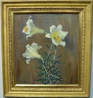 George Loftus Noyes (1864-1954), canvas mounted on board, Easter Lilies Still Life, signed lower left: G.L. Noyes, having Vos