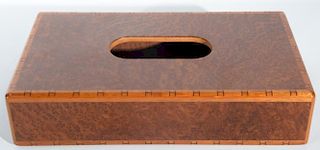 Hermes burlwood tissue box, burlwood with inlaid H around edges and magnetic suede covered metal bottom marked: Hermes Paris