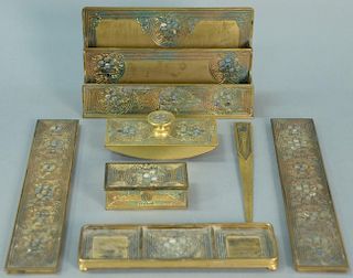 Six piece Tiffany Studios bronze desk set, Abalone pattern including letter holder, ink blotter, stamp box, letter opener, re