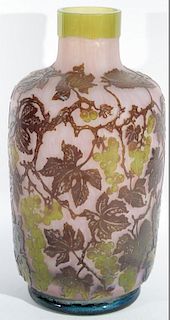 Large cameo art glass vase with purple flowers, leaves, and green grapes on purple to ivory ground, initialed M.V. Glg? ht. 1