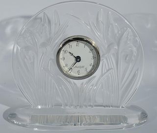 Lalique crystal "Iris" clock, signed Lalique France. ht. 6 3/4in., lg. 7 3/4in.