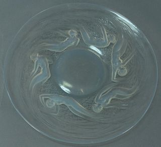 Rene Lalique "Calypso" charger, pressed-molded opalescent crystal plate with six nude women, signed R