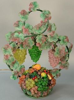 Glass basket of fruit light with metal handle mounted with glass flowers having three hanging bunches of grapes with lights a