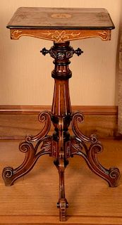 Renaissance Revival walnut pedestal with burl walnut top having gilt incising on gilt incised and ebony decorated pedestal se