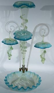 Victorian blue and green art glass epergne having ribbon edge bowl fitted with three ribbon edge vases and two swirled clear
