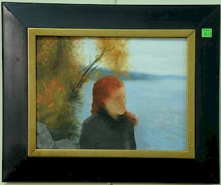 Ralf Feyl (20th/21st century), oil on masonite, "Red Hair" girl on water's edge, signed lower left: Feyl, 9" x 12"