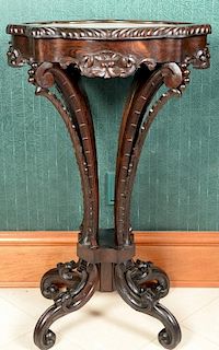 Rosewood pedestal with inset shaped marble top having gadrooned edge and carved supports on scrolled feet. ht. 38in., top: 16
