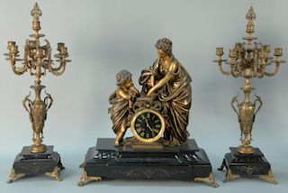 Three piece mantle clock set to include French figural mantle clock of standing bronze Classical figure with child,