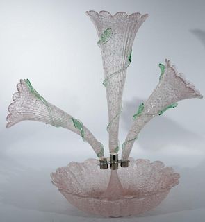 Pink and green art glass epergne with bowl mounted with three vases. ht. 16 1/2in. Provenance: Property from the Estate of Fr
