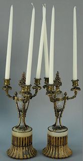 Pair of French style candelabras with three lights each mounted with center crystal urns on marble bases, ht