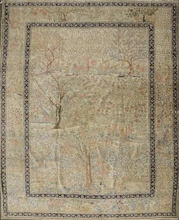 Tabriz hunting carpet having jungle, animals, birds, reptiles, and flowers. 10' x 13'8"
