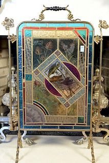 Leaded and stain glass fire screen with brass frame with painted birds amongst flowers. ht. 34in., wd. 23in. Provenance: Prop