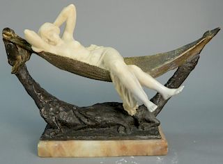 Milio P. Fiaschi (1858-1941) Art Deco Italian alabaster figure of a reclining woman on bronze hammock set on marble base, sig