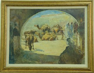 Pal Fried (1893-1976), oil on canvas, Camels in Courtyard, Algeria, signed lower left: Fried Pal,