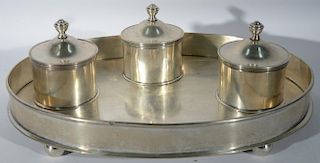 Continental silver oval tray and three covered jars, only one jar with glass liner