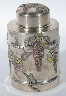 Chinese silver and enameled wisteria tea box having purple enameled wisteria and green leaves bearing a turtle inside a trian