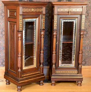 Pair of Aesthetic movement rosewood side cabinets, each having one drawer inlaid with brass and various wood inlays over mirr