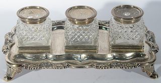 English silver desk set including tray and three cut crystal bottles having silver tops. 5 1/4" x 8 1/8", 13.4 troy ounces