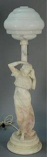 Alabaster figural table lamp, standing woman white with light pink dress and alabaster globe shade (small chip in lamp post)