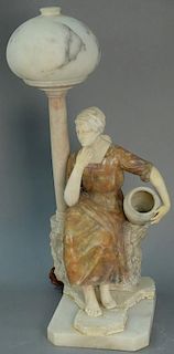 Figural alabaster table lamp, two color seated maiden holding water urn (arm and hand repaired). ht. 28in. Provenance: Proper