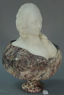 Large marble bust of a woman, carved with white marble top inset rouge marble cloak on pedestal base