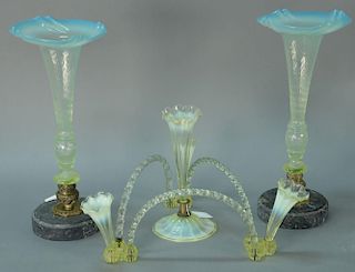 Three piece lot to include a two part art glass epergne, vaseline color with green twist and a pair of art glass vases in bro