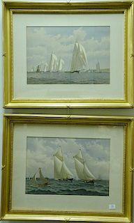 Fred S. Cozzens, pair of colored lithographs, untitled, sailing vessels off coast and steamboat with American flag amongst sa