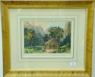 Currier & Ives pair of colored lithograph prints, "The Pioneer Cabin of the Yo-Semite Valley" and "Yo-Semite Falls", sight si