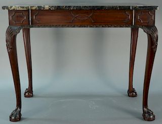 Margolis mahogany Chippendale style pier table having grey marble top with squared corners on conforming carved frieze on cab