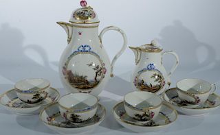 Ten piece late 18th century Meissen porcelain tea set having pictorial scene polychrome and gold painted border all with unde
