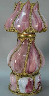 P & G Duplex Boston pink slag glass oil lamp all with bowed glass with metal trim (not electrified). ht. 25in. Provenance: Pr