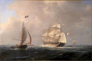 Antoine Leon Morel-Fatio (1810-1871), oil on canvas, French Manowar Departing with Pilot Boat Coming In, signed lower right: