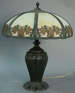 Panel shade table lamp on large urn style base, shade with reticulated flowers