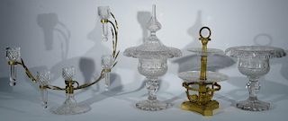 Four piece lot of cut crystal including two sweet meat dishes (one with cover), one candelabra five light with brass mount an