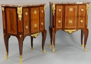 Francois Rubestuck pair of Late Louis XI Amaranth tulipwood and satine commodes, rouge marble tops, ormolu mounted with lion