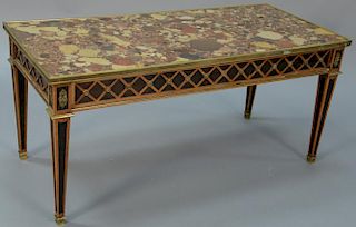 Louis XVI style coffee table with inset marble top with brass trim frieze with repeating X's with brass flowers, all set on s