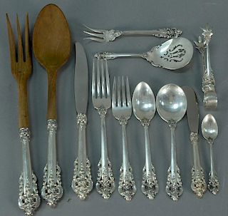Grand Baroque by Wallace sterling silver flatware set, setting for eight to include 8 dinner forks, 8 luncheon forks, 8 soup