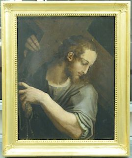 Old Master oil on wood panel of Jesus carrying the cross in period frame, 16th-17th century (frame with new gilt), 35 3/4" x
