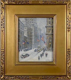 Guy Carleton Wiggins (1883-1962), oil on artist board, Winter on 5th Avenue, Midtown, signed lower right: Guy Wiggins, titled
