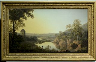 Joseph Francis Gilbert (1792-1855), oil on canvas, Sun Setting on Mountainous River Landscape with Cows, signed and dated low