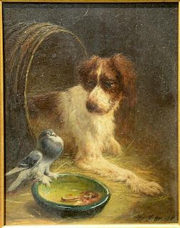 Henriette Ronner (1821-1909), oil on panel, "Pudgy Pigeon", a dog in a barrel beside a pigeon, signed lower right: H