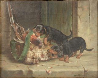 J. Hartung (Carl Reichert 1836-1918), oil on canvas, "The Day's Trophies", Two Dachshund Puppies After the Hunt, signed J. Ha