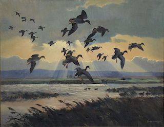 Peter Markham Scott (1909-1989), oil on canvas, Ducks Coming in with Sun Shining Through Clouds, signed lower right: Peter Sc
