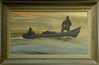 Chet Reneson (b. 1934), acrylic on board, Duck Hunt on Connecticut Shore, very rare oil on masonite according to Reneson this