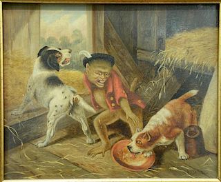 Edmund Bristow (1787-1876), oil on board, Chained Monkey with Two Dogs, signed lower right: E. Bristow, 6 1/2" x 7 3/4"