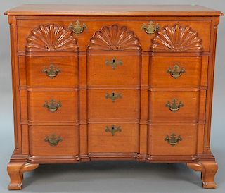 Fineberg custom mahogany Newport style four drawer chest with carved block front on ogee feet. ht. 36in., wd. 41in., 21in.